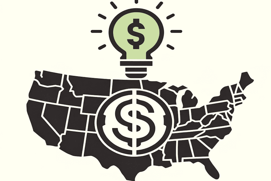 Map outline of the United States with a dollar sign in the center. Above the map, a light bulb icon has the dollar sign inside it.